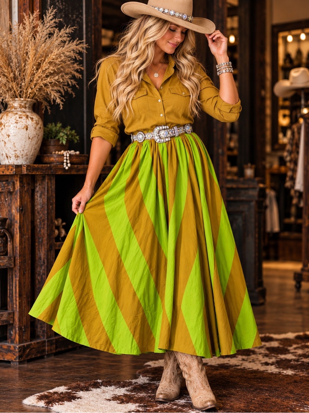 Free People NWT Vibrant Striped Maxi Skirt Green Mustard Boho Western XS
